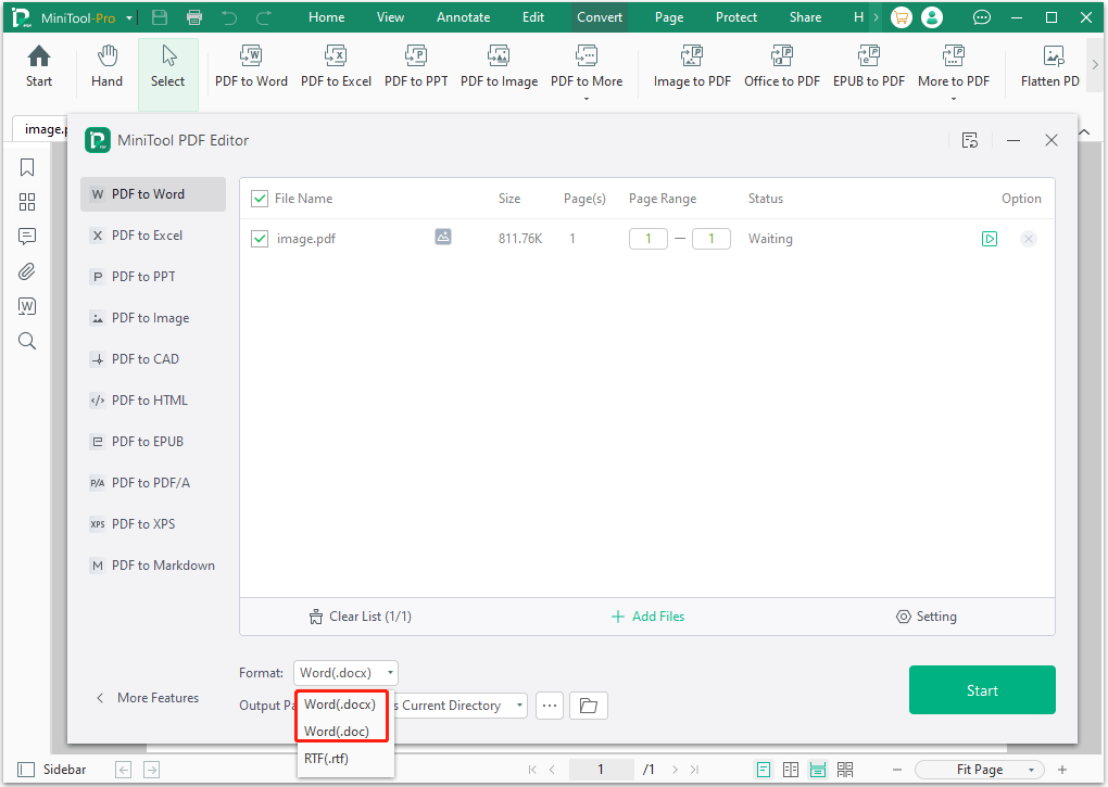convert PDF to Word in MiniTool PDF Editor