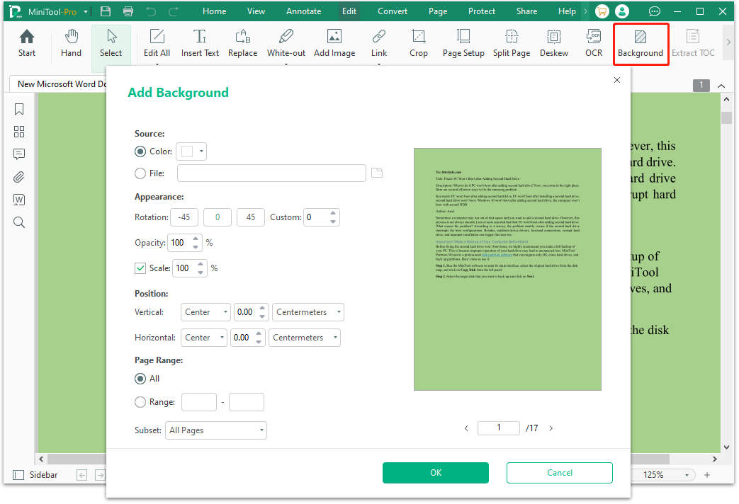 change background color using MiniTool PDF Editor