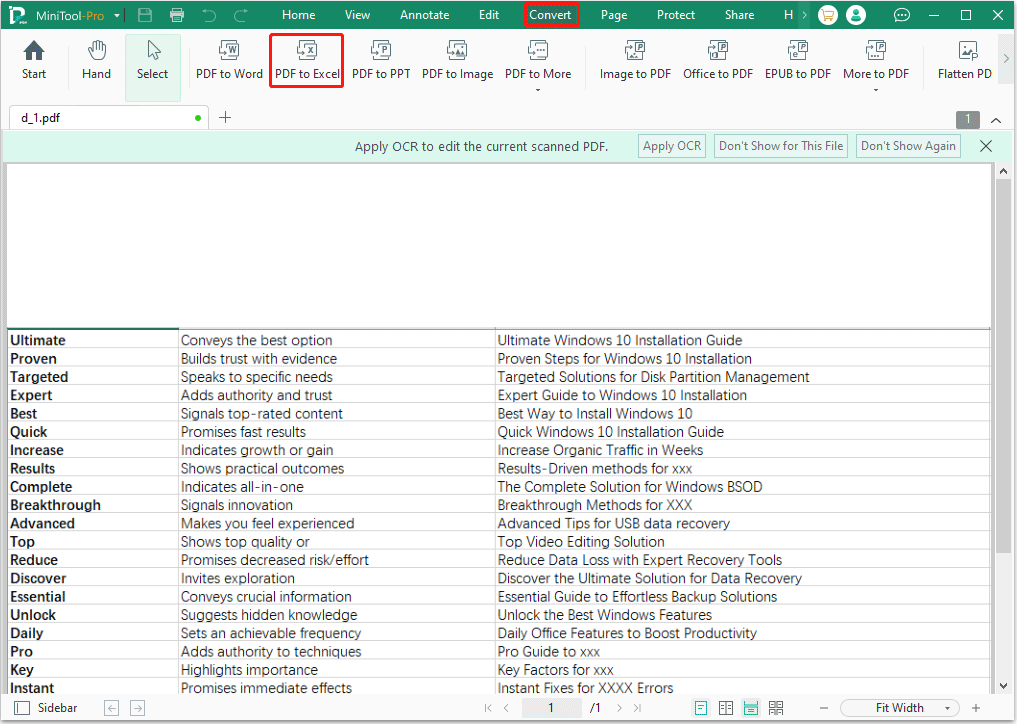 enable the PDF to Excel feature MiniTool PDF Editor