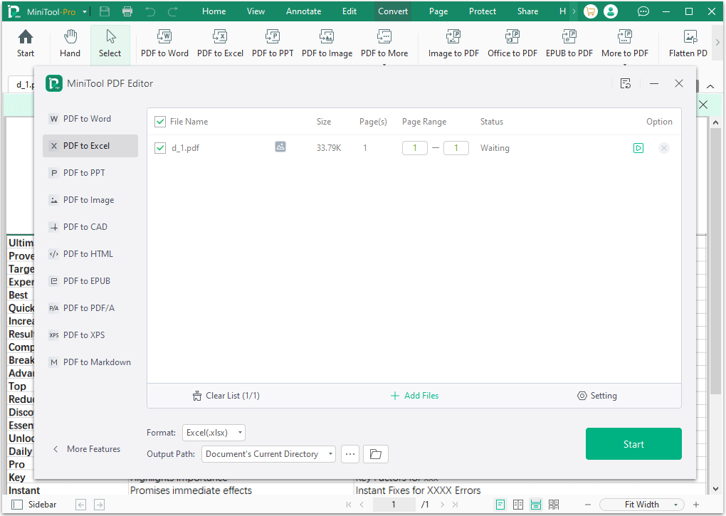 convert PDF to Excel in MiniTool PDF Editor