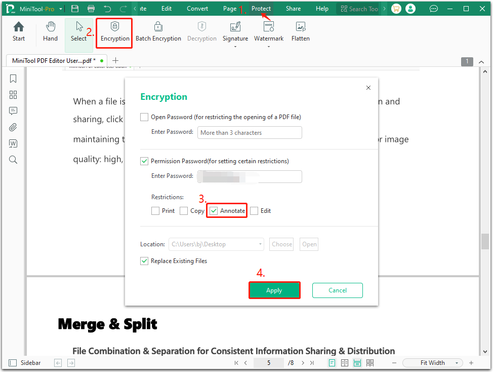 lock PDF from annotating via MiniTool PDF Editor