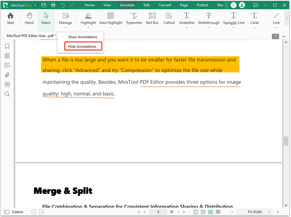 select Hide Annotations in MiniTool PDF Editor