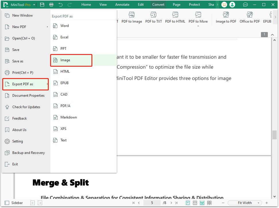 select Export PDF as Image in MiniTool PDF Editor