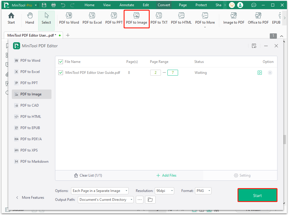 convert PDF to image using MiniTool PDF Editor