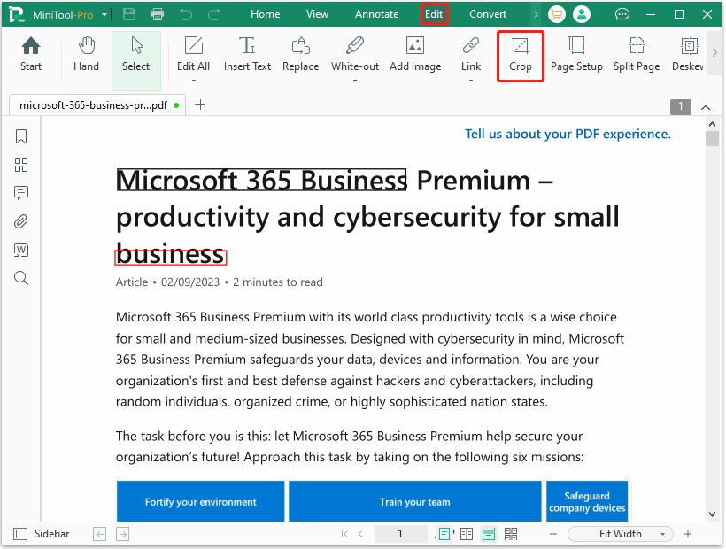 choose the Crop feature in MiniTool PDF Editor