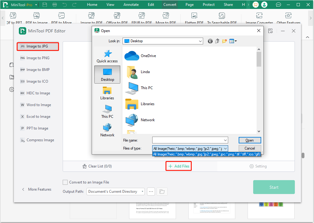 select images for JPG conversion in MiniTool PDF Editor