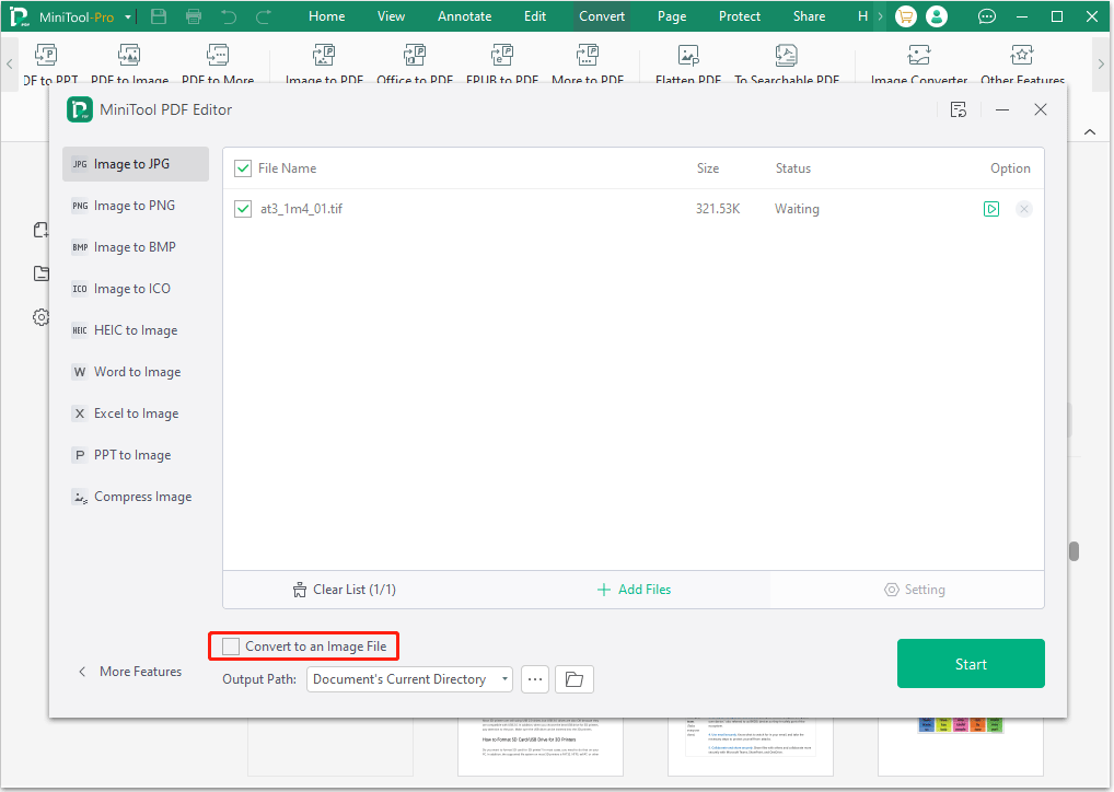 start the TIFF to JPG conversion in MiniTool PDF Editor