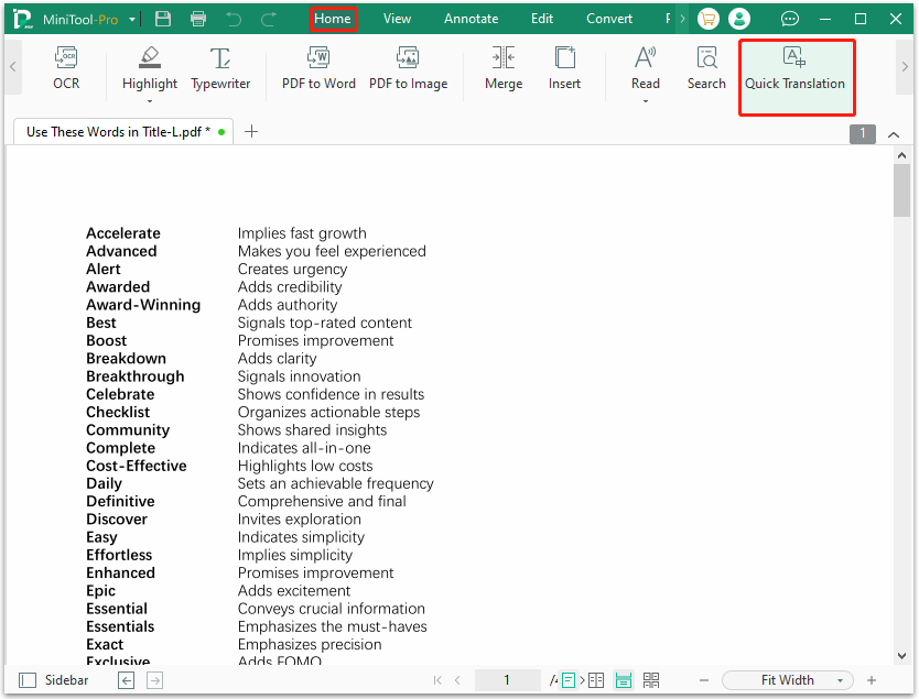 choose Quick Translate in MiniTool PDF Editor