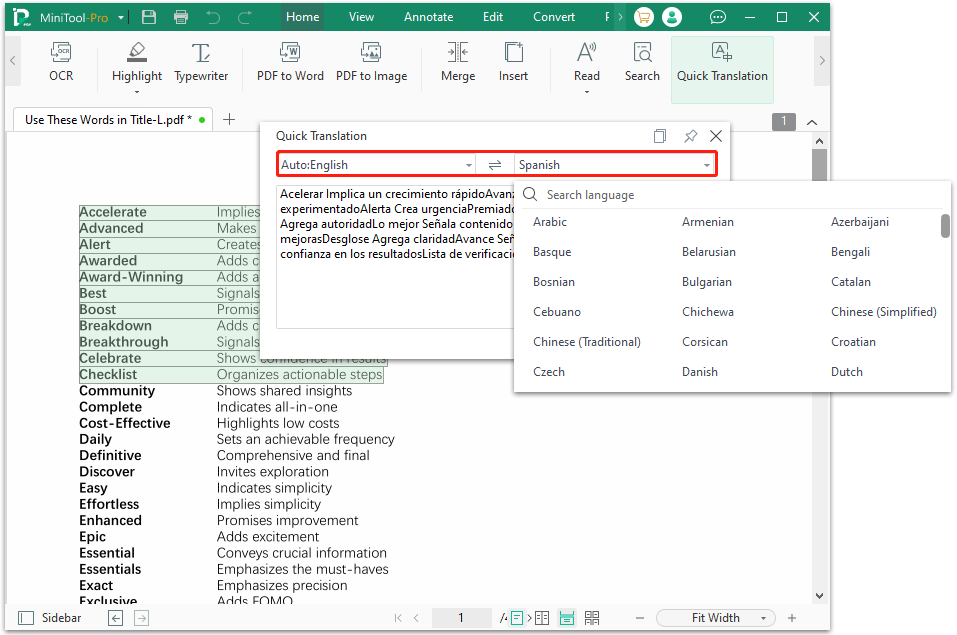 translate text in MiniTool PDF Editor