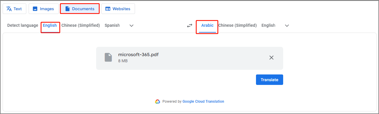 translate English PDF to Arabic on Google Translate