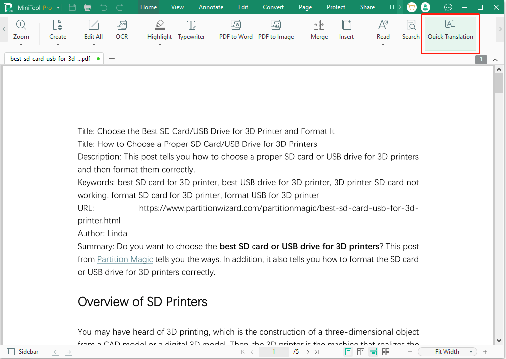 Quick Translation MiniTool PDF Editor