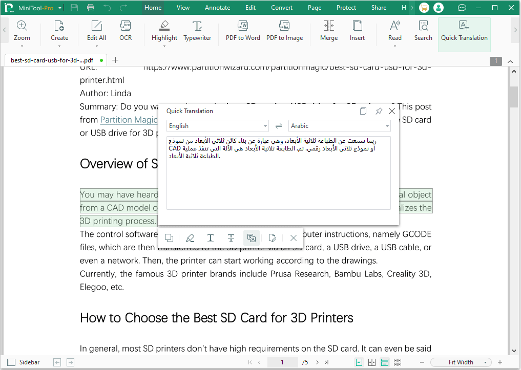 translate English to Arabic MiniTool PDF Editor