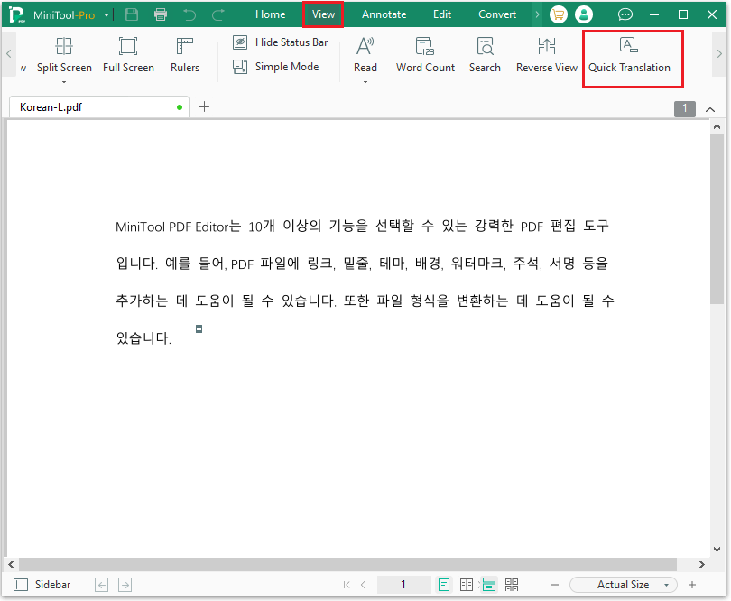 click Quick Translation in MiniTool PDF editor