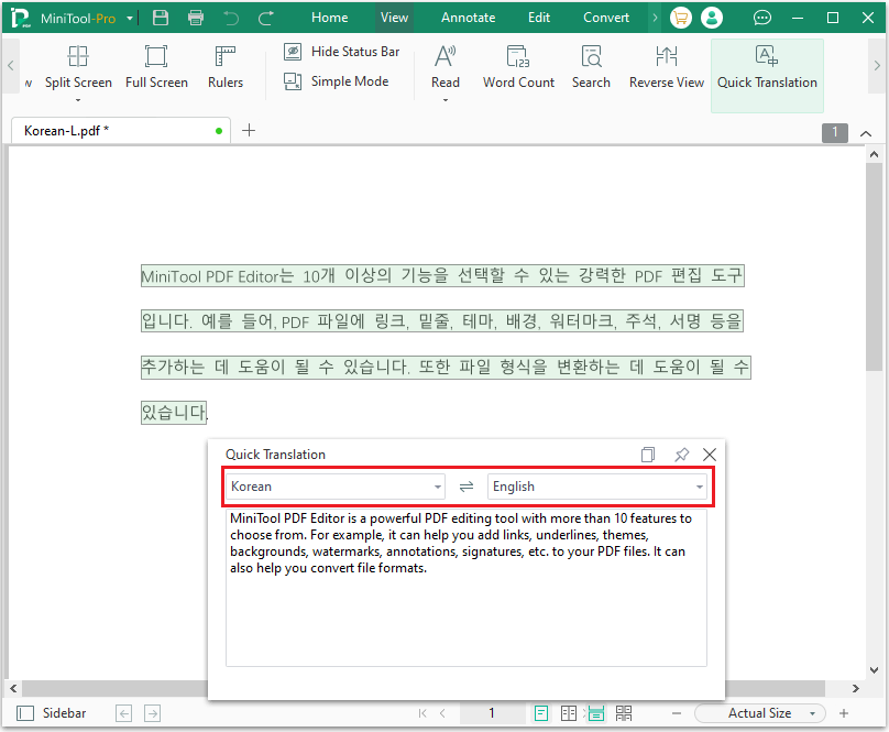 translate Korean to English in MiniTool PDF Editor