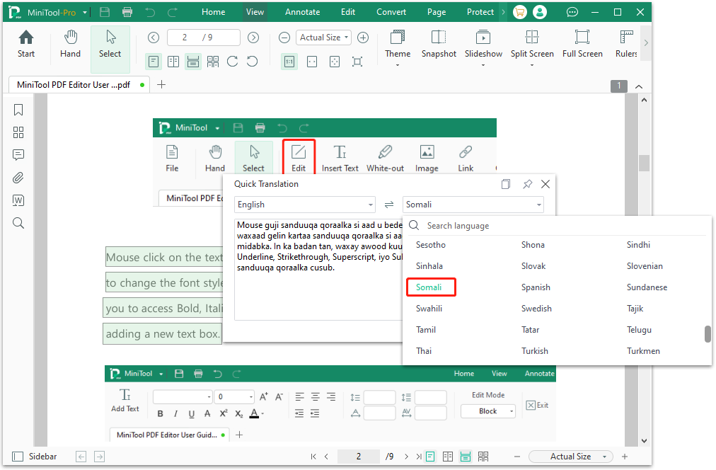 select the content to translate Somali in MiniTool PDF Editor