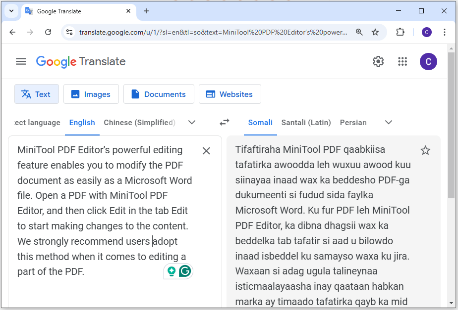 copy and paste content to translate it to Somali