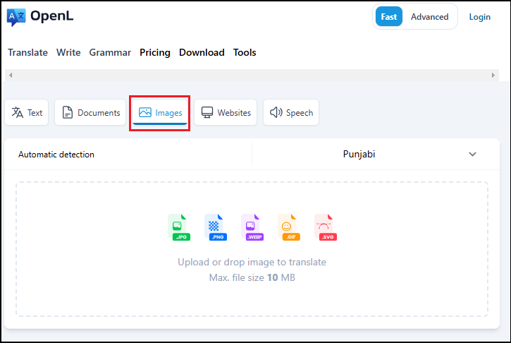 translate photo from English to Punjabi use OpenL