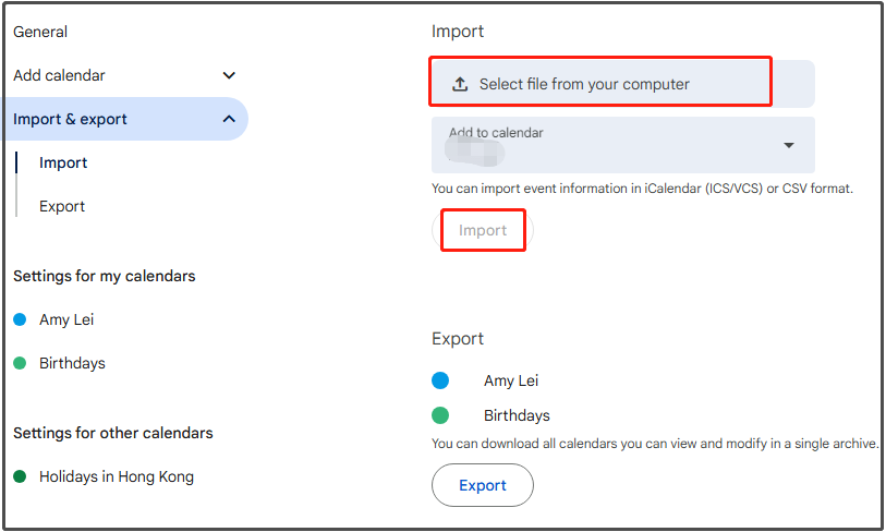 import the ICS file