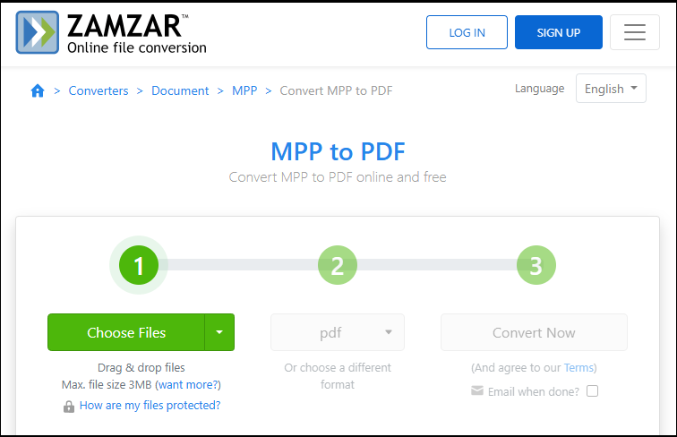 convert MPP to PDF in Zamzar