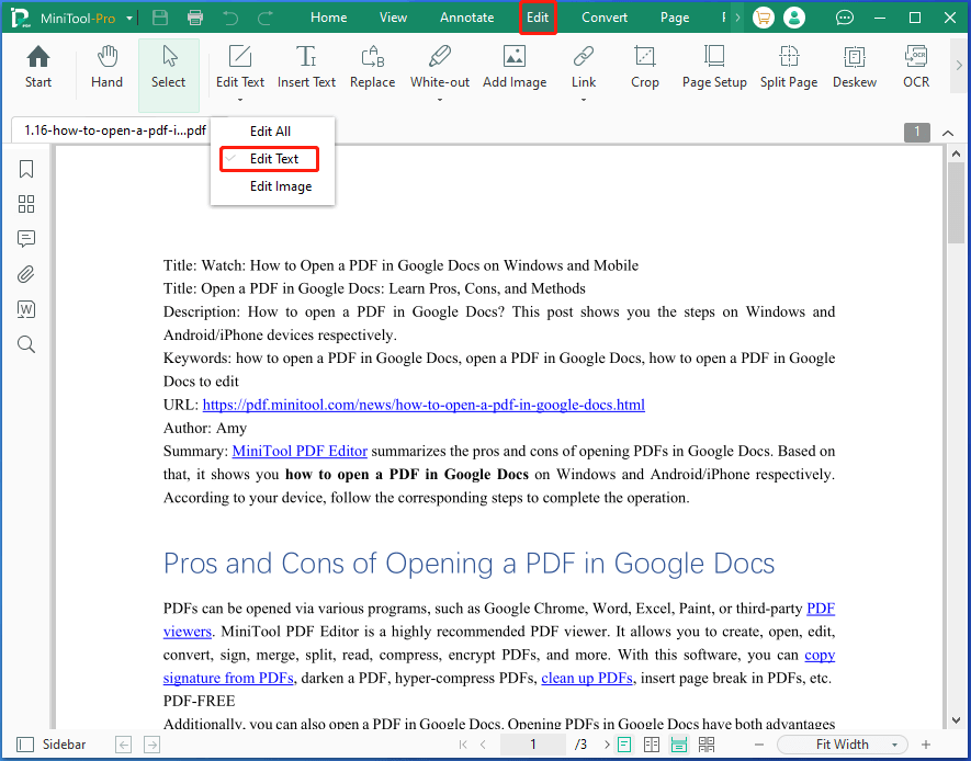 head to Edit Text option in MiniTool PDF Editor