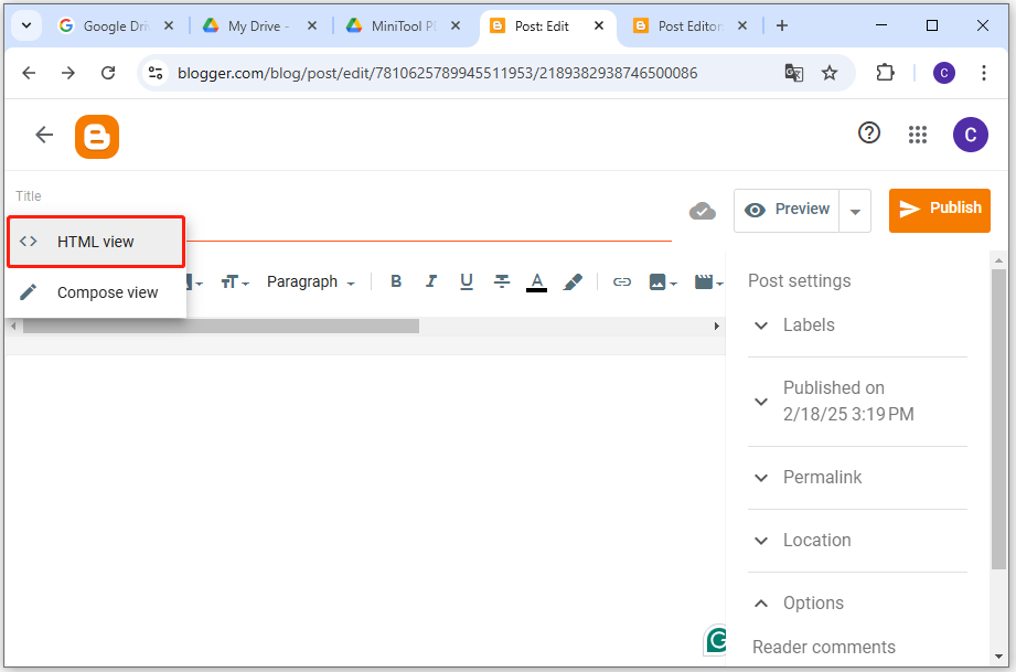 select HRML view in Blogger