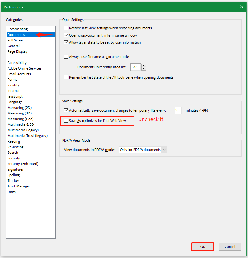 uncheck Save As optimizes for Fast Web View