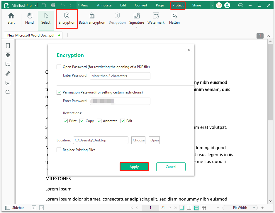 encrypt a PDF using MiniTool PDF Editor