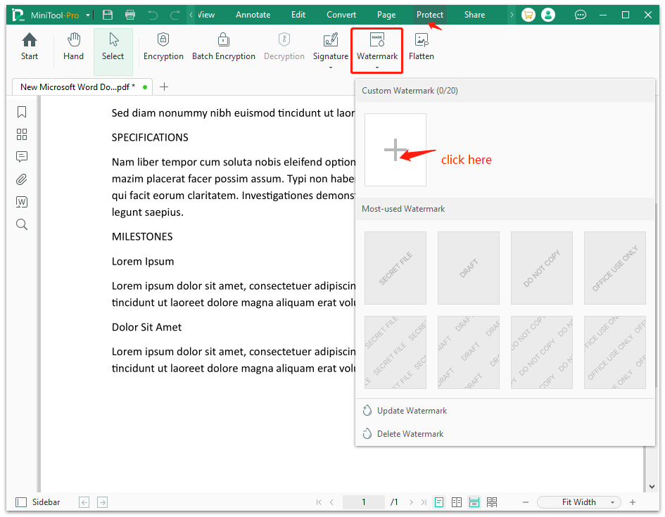 click Custom Watermark on MiniTool PDF Editor