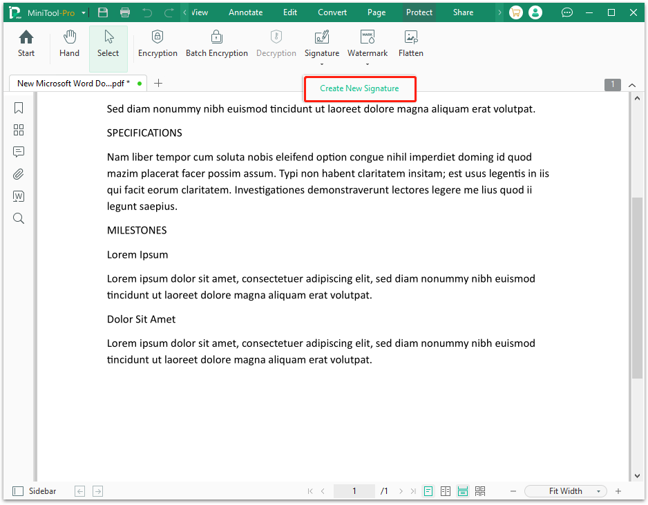 click Create New Signature on MiniTool PDF Editor
