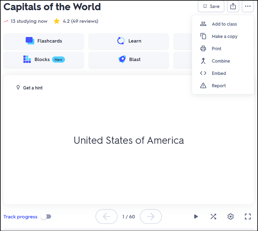 click Print in Quizlet