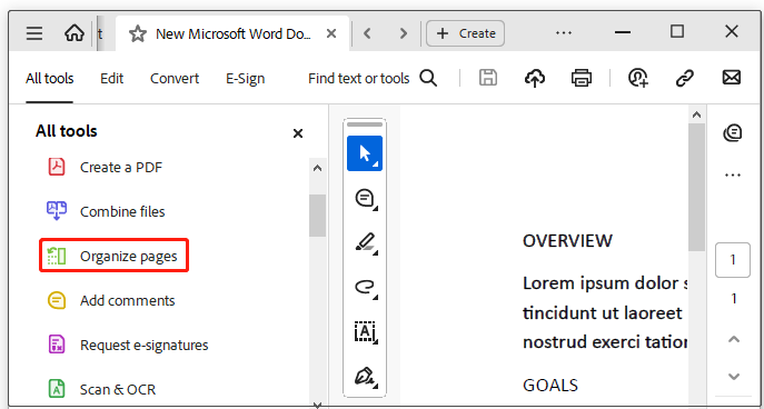 click Organize pages on Adobe Acrobat
