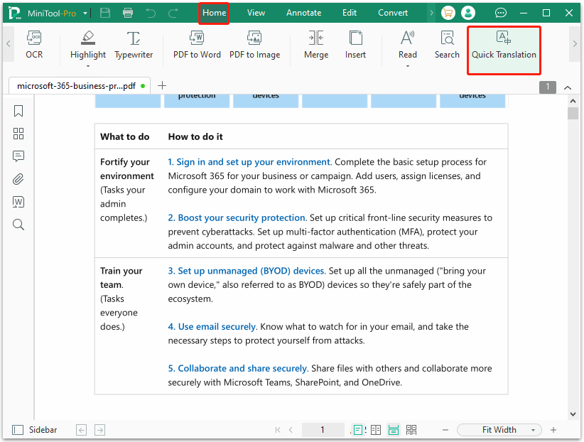 choose Quick Translate in MiniTool PDF Editor