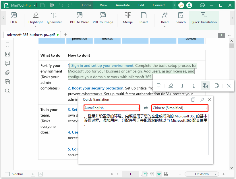 translate from English to Chinese PDF in MiniTool PDF Editor