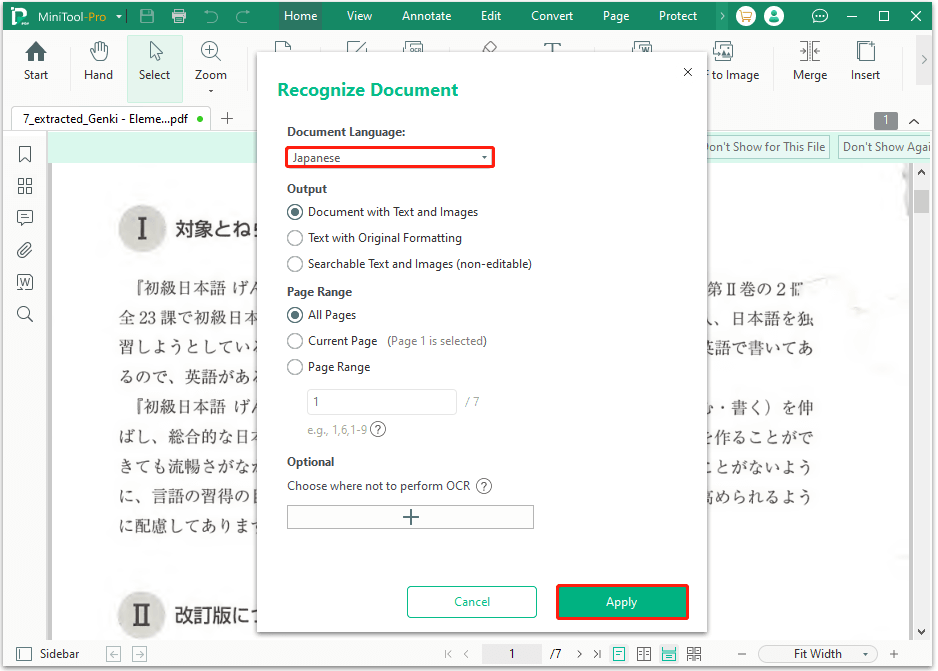 apply the OCR feature for the Japanese PDF