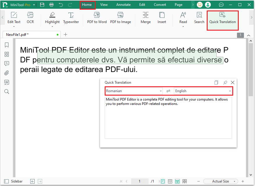 translate Romanian to English in MiniTool PDF Editor