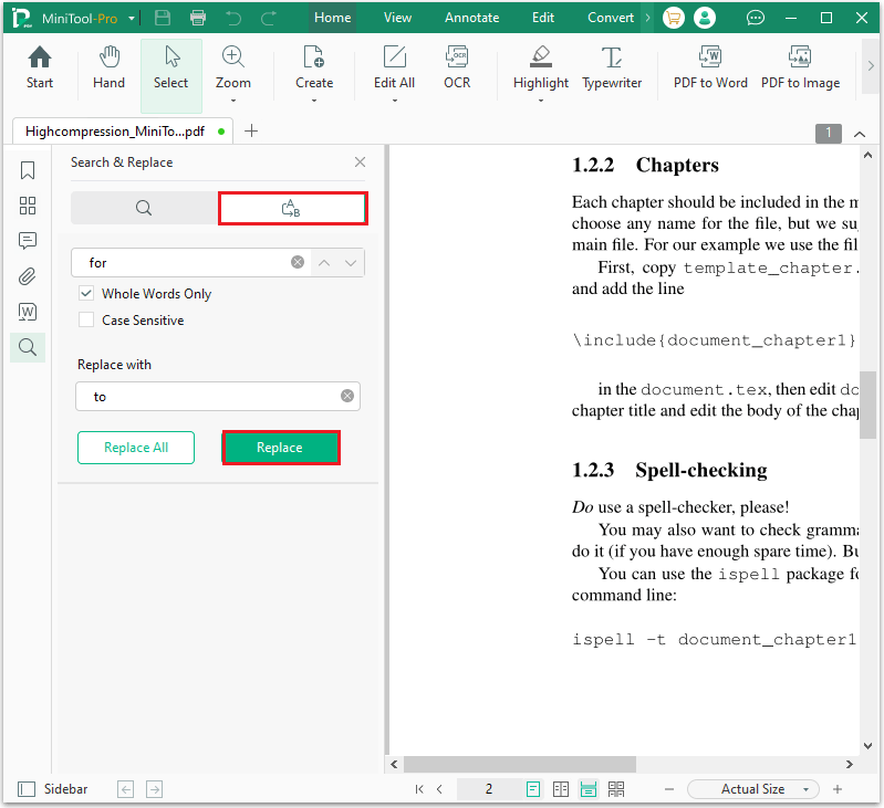 click Replace in MiniTool PDF Editor