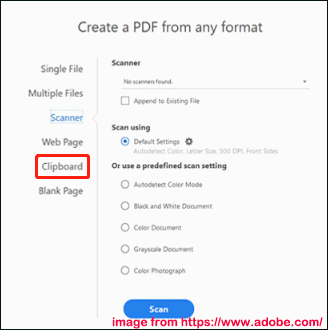 create PDF from Clipboard using Adobe Acrobat