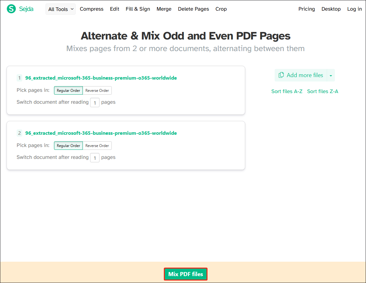 merge odd and even pages PDF using Sejda