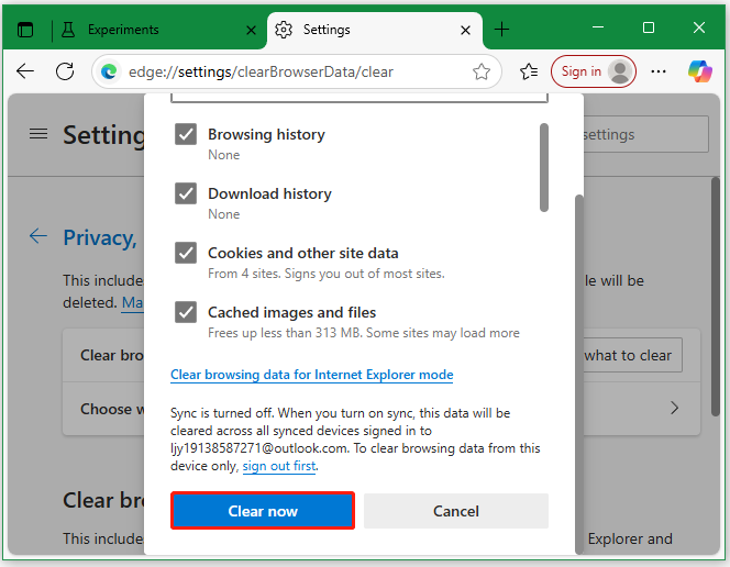 clear browsing data on Edge
