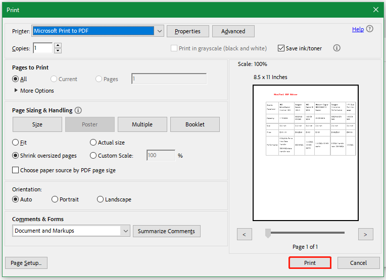 print PDF in Adobe Acrobat