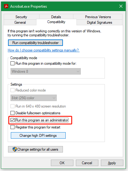 run Acrobat as an admin