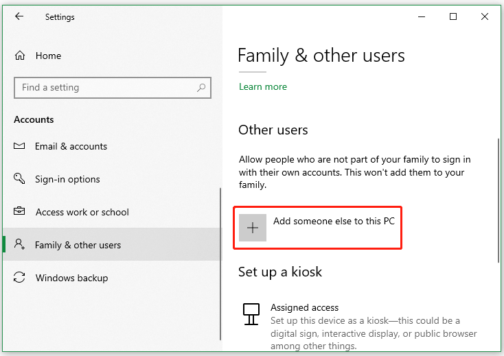 click Add someone else to this PC