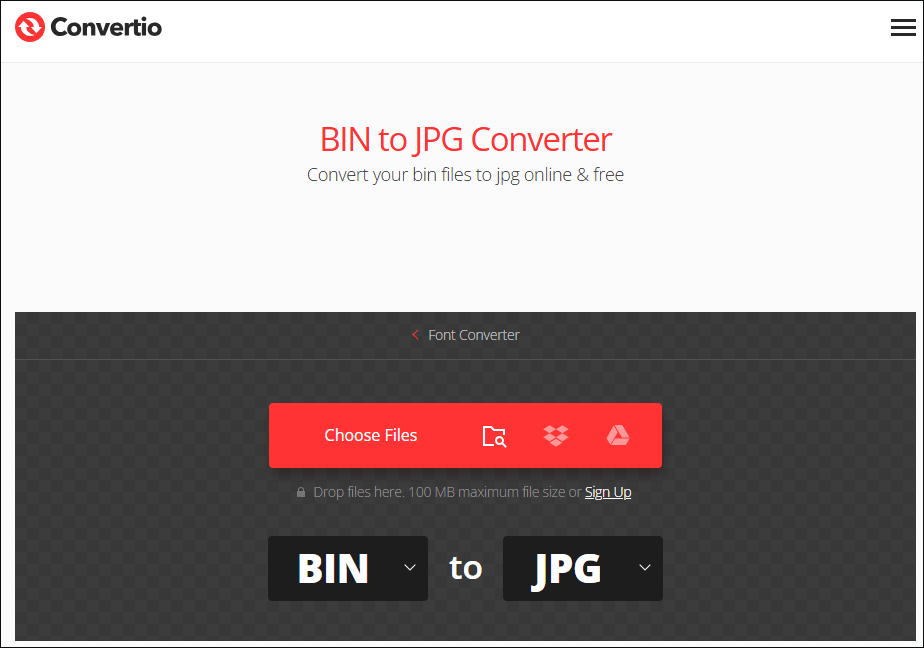 convert BIN to JPG using Convertio