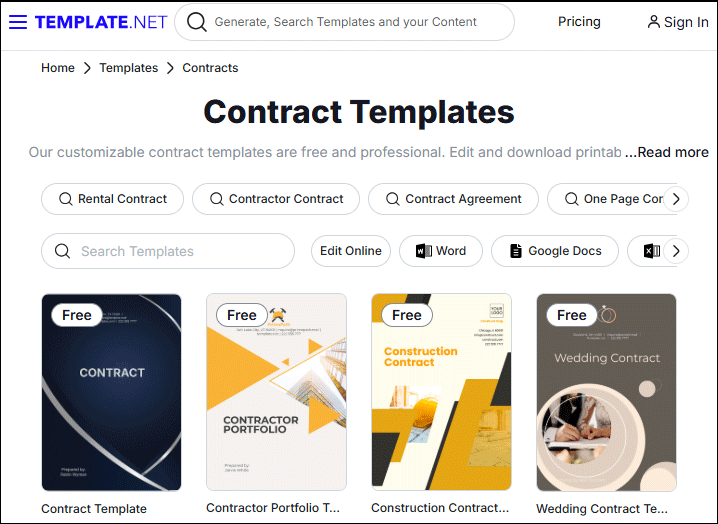 the interface of Template.net