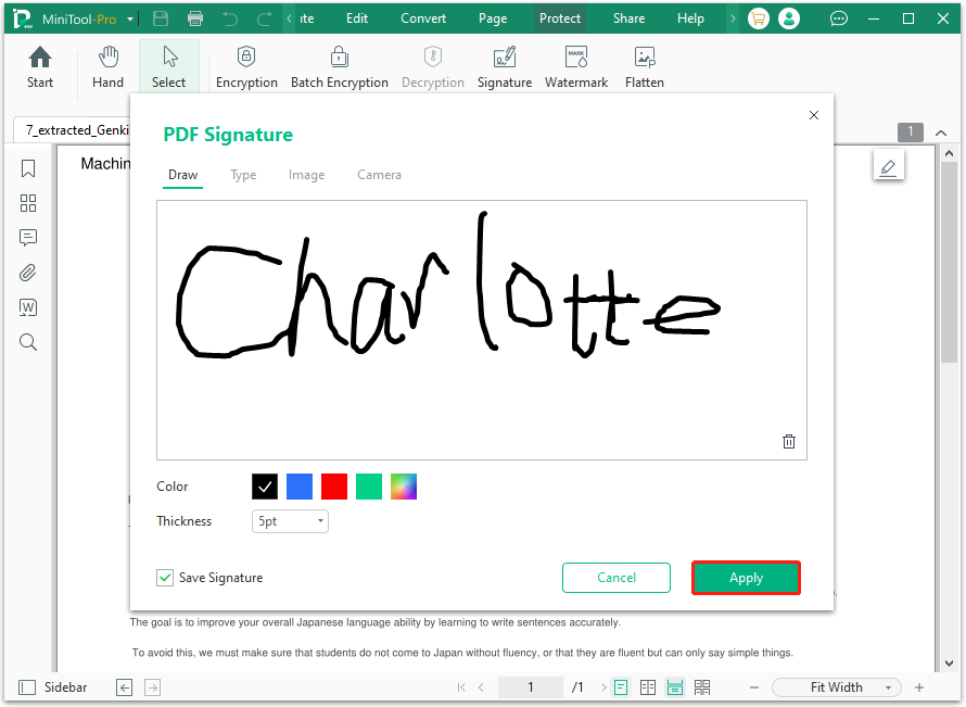 click Apply in the PDF Signature window