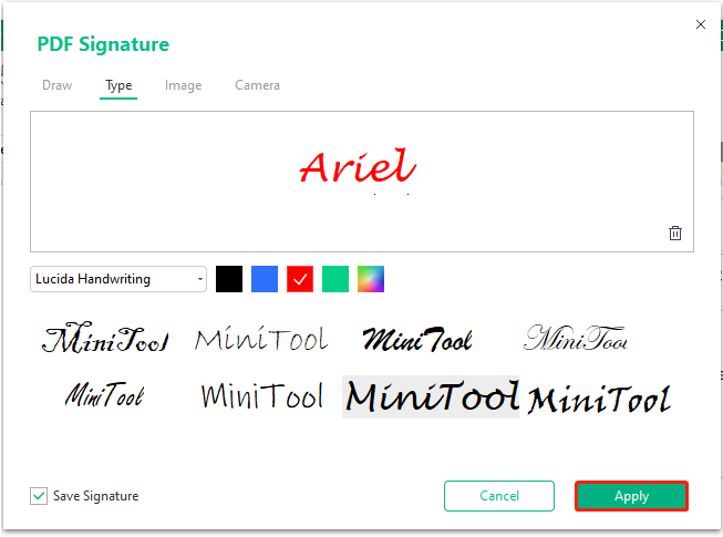 add signature using MiniTool PDF Editor