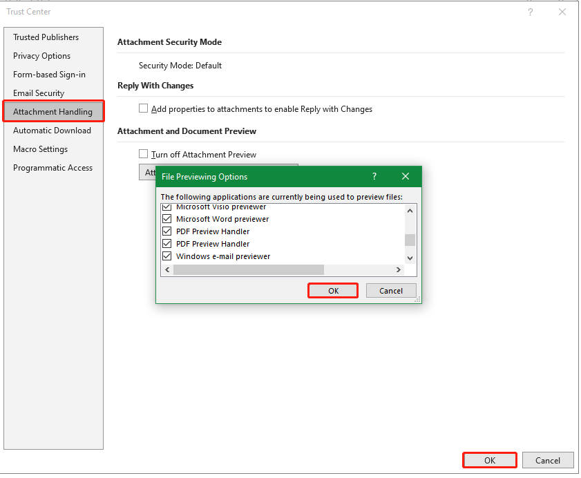 enable PDF Attachments Preview in Outlook