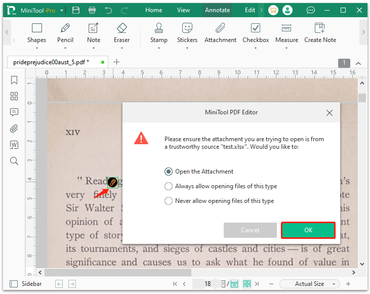 open attachments in MiniTool PDF Editor