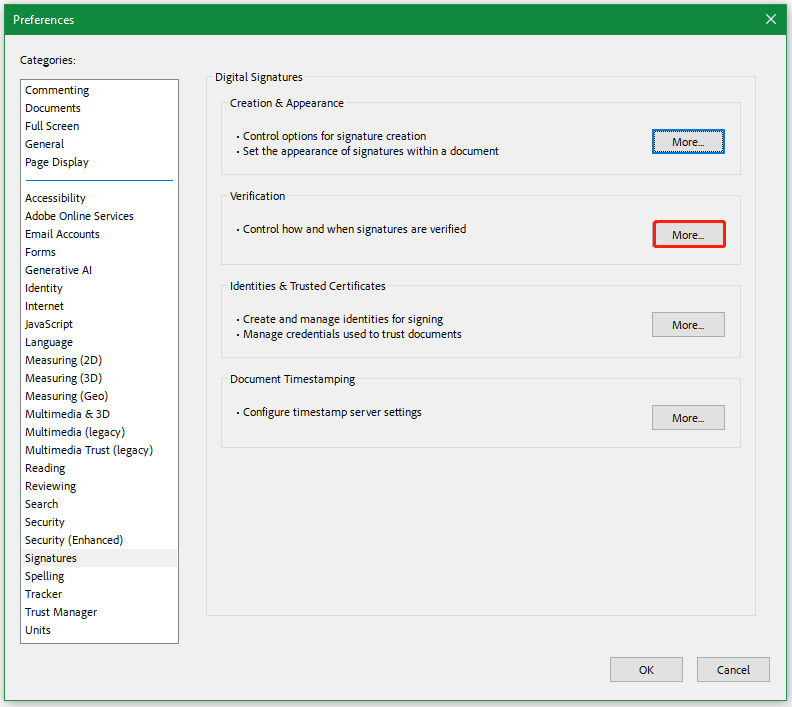click More in the digital signature verification box in Adobe