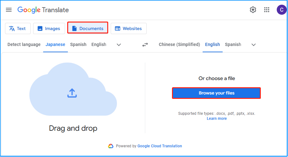 click Browse your files to add your PDF file to Google Translate